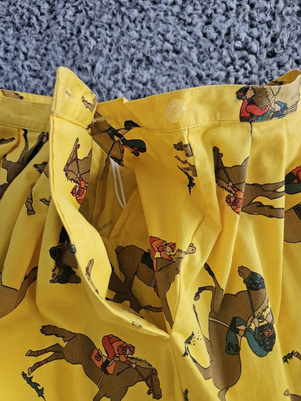 Vintage Equestrian Print Yellow Midi Skirt Small S 4-6 Horse Racing Jockey Derby